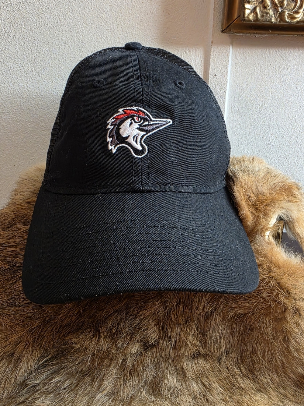 New Era Black Baseball Cap with Red & White Woodpecker Patch